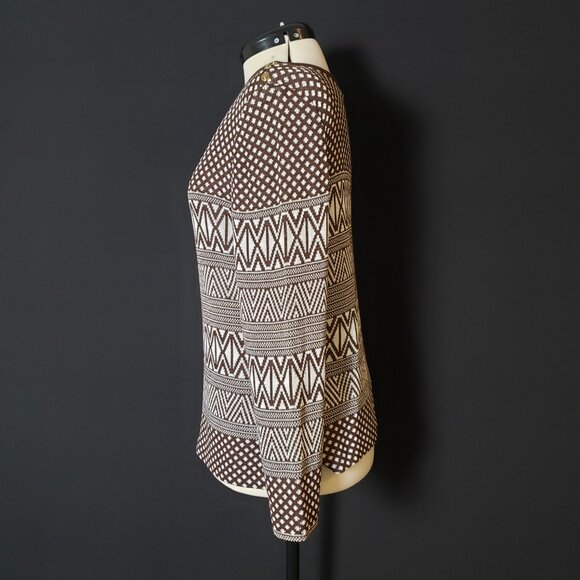 St. John Coll VTG White Cocoa Brown Sweater in Classic Geometric Knit Pattern 10 - Picture 2 of 12
